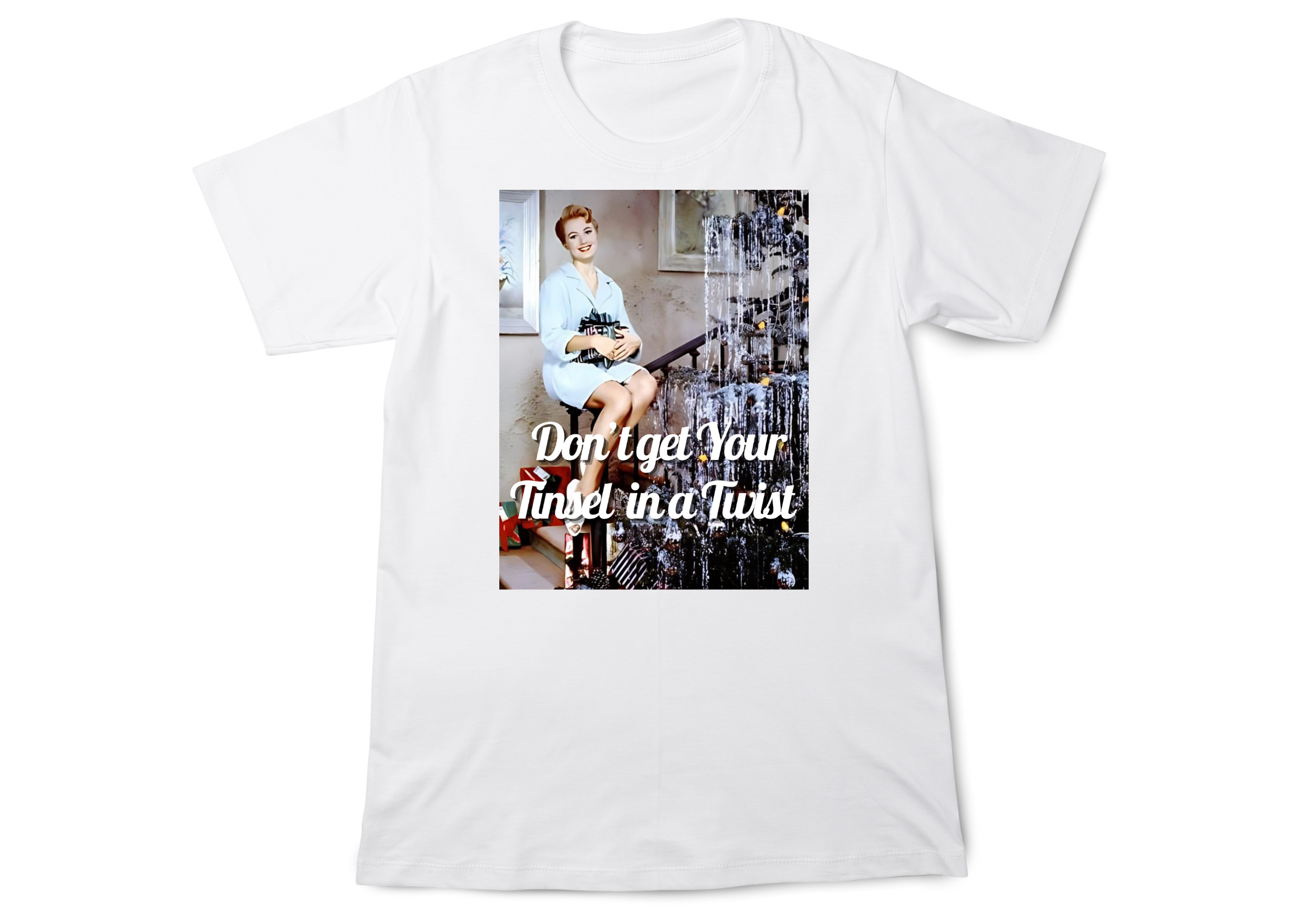 “White ‘Don’t Get Your Tinsel In A Twist’ western holiday graphic tee flat lay”