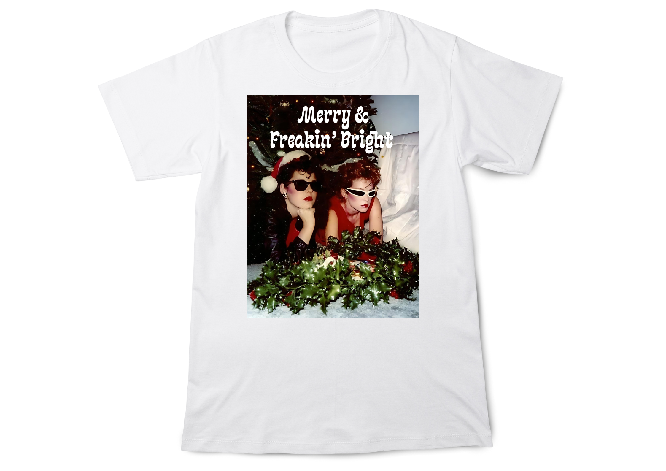 “Close-up of ‘Merry Freakin’ Bright’ print on graphic tee”