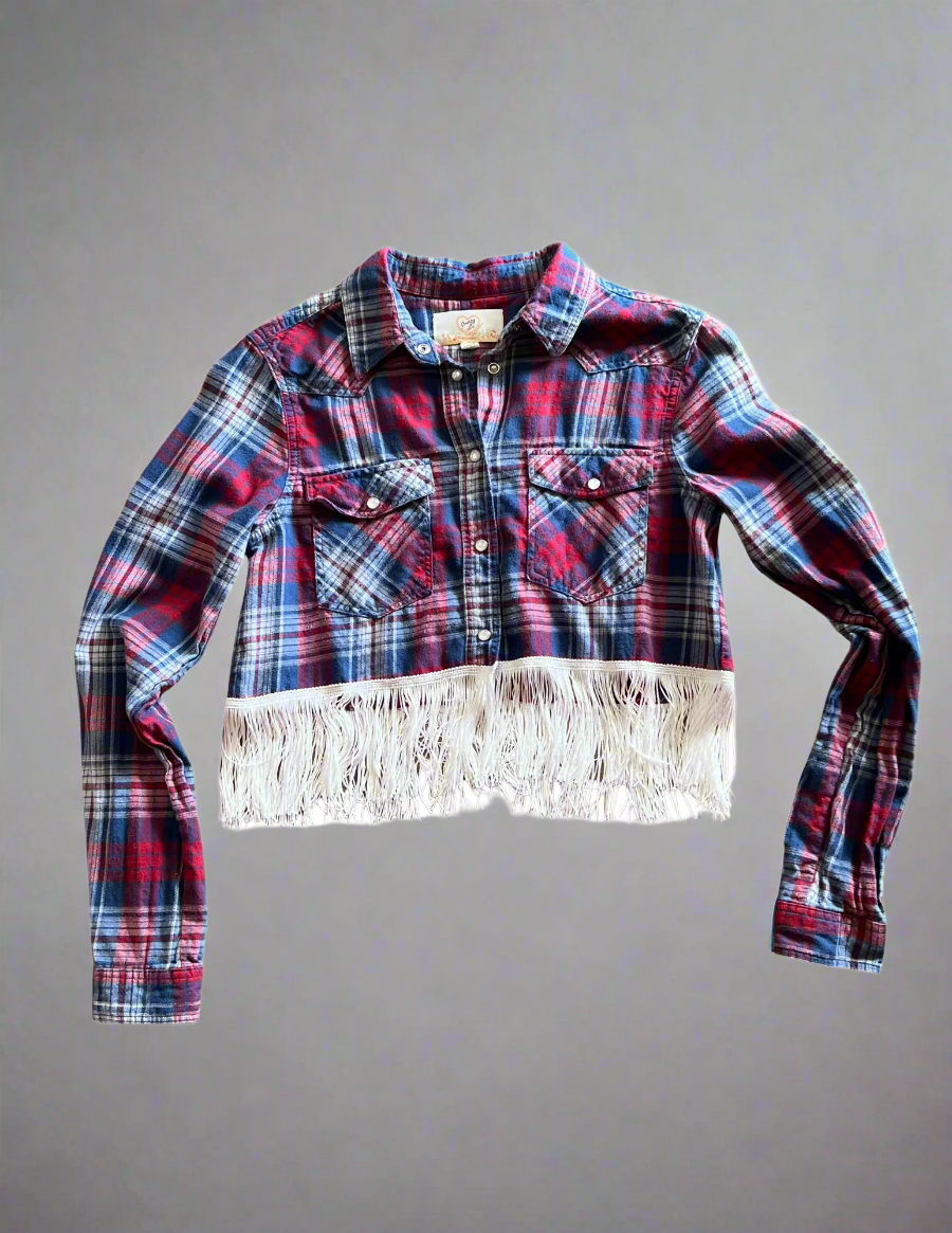 Red & Blue Cropped Fringe Flannel