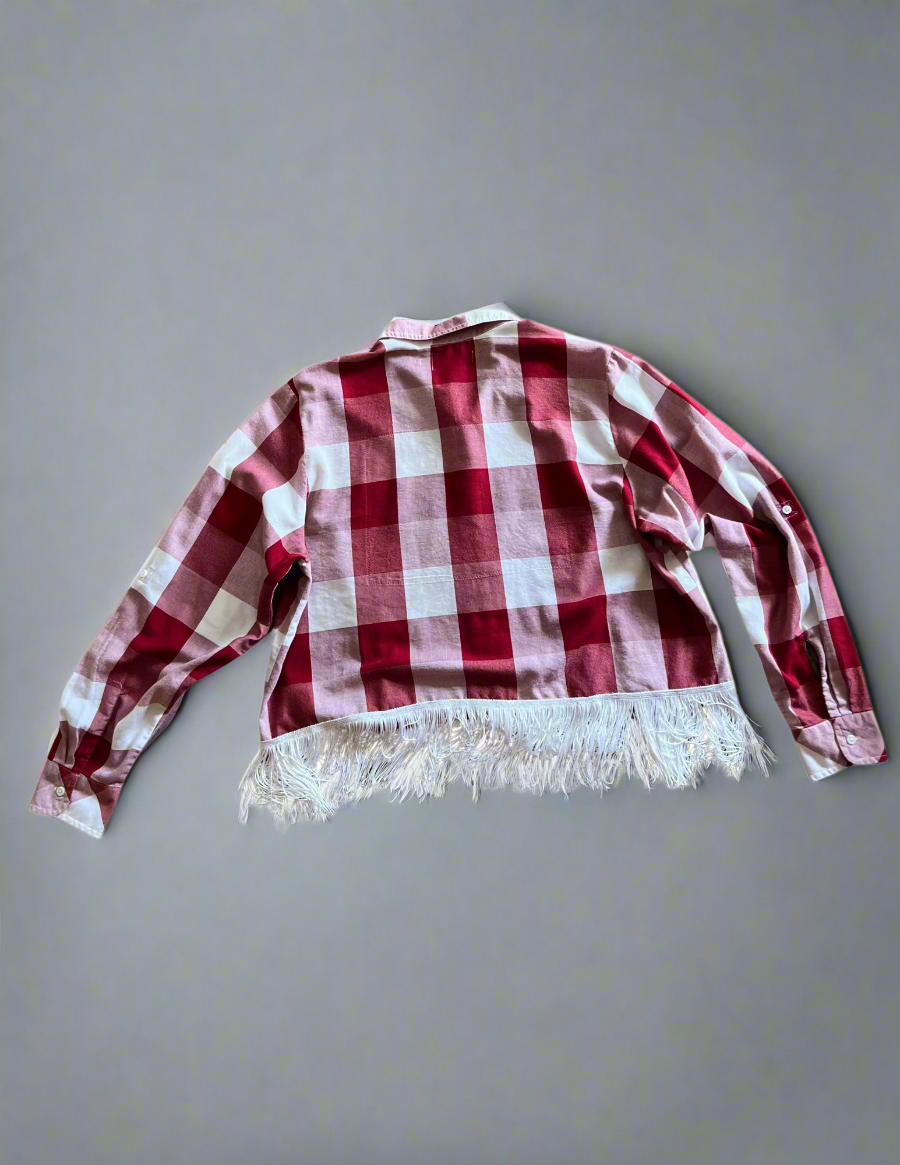 Red & White Cropped Fringe Flannel