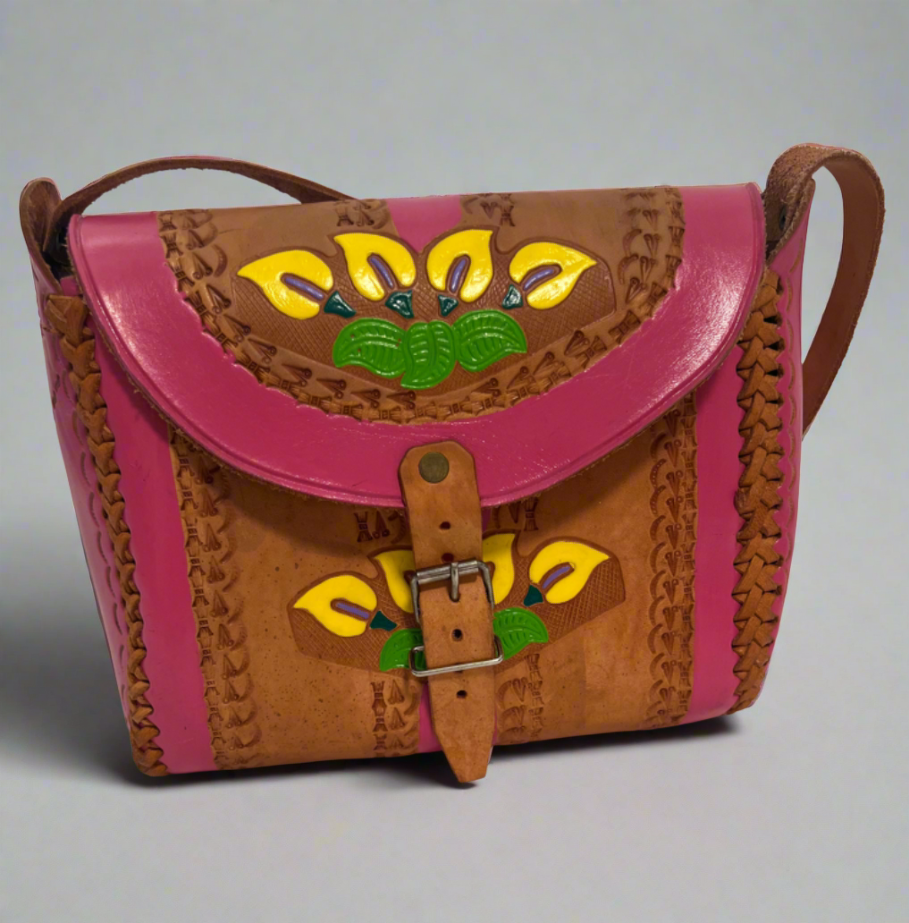 Pink Hand Tooled Leather Crossbody