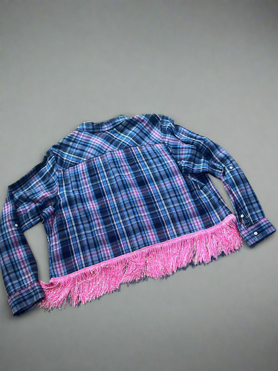 Blue & Pink Cropped Fringe Flannel