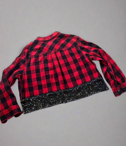 Black & Red Cropped Fringe Flannel