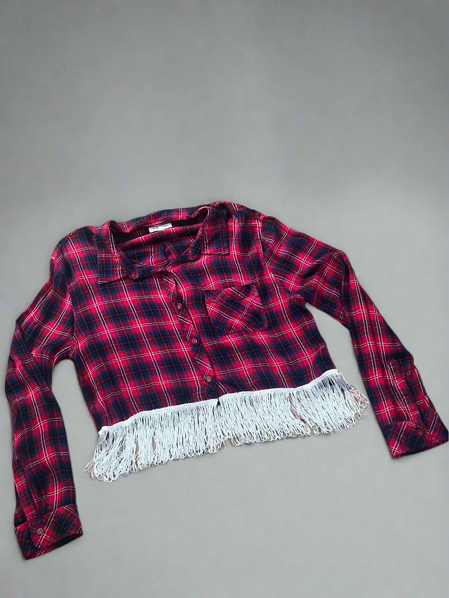 Red Cropped Fringe Flannel