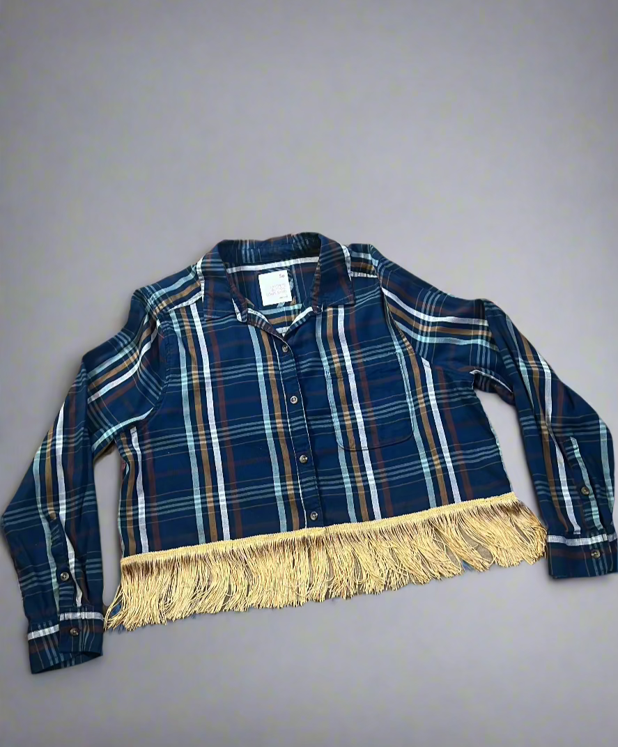 Navy & Gold Cropped Fringe Flannel