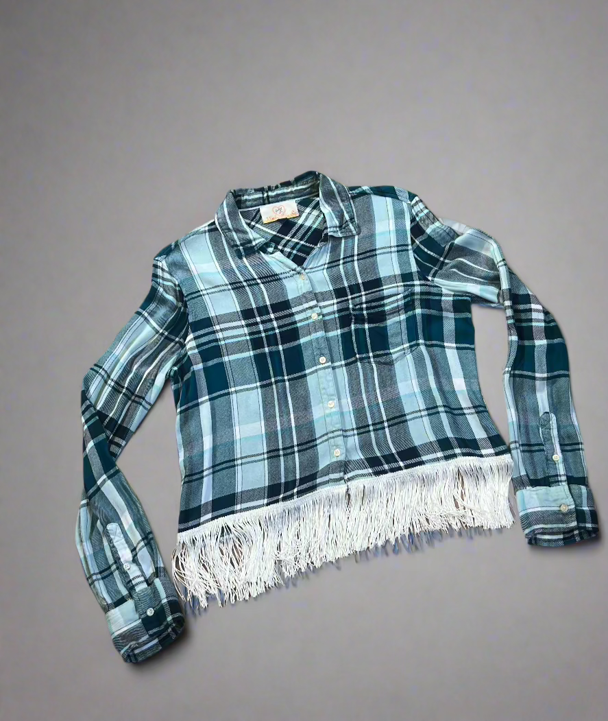 Turquoise Cropped Fringe Flannel