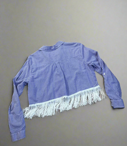 Purple & White Crop Fringe Flannel