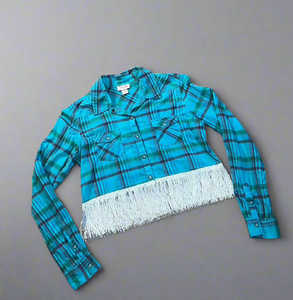 Teal Cropped Fringe Flannel