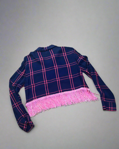 Pink & Navy Cropped Fringe Flannel