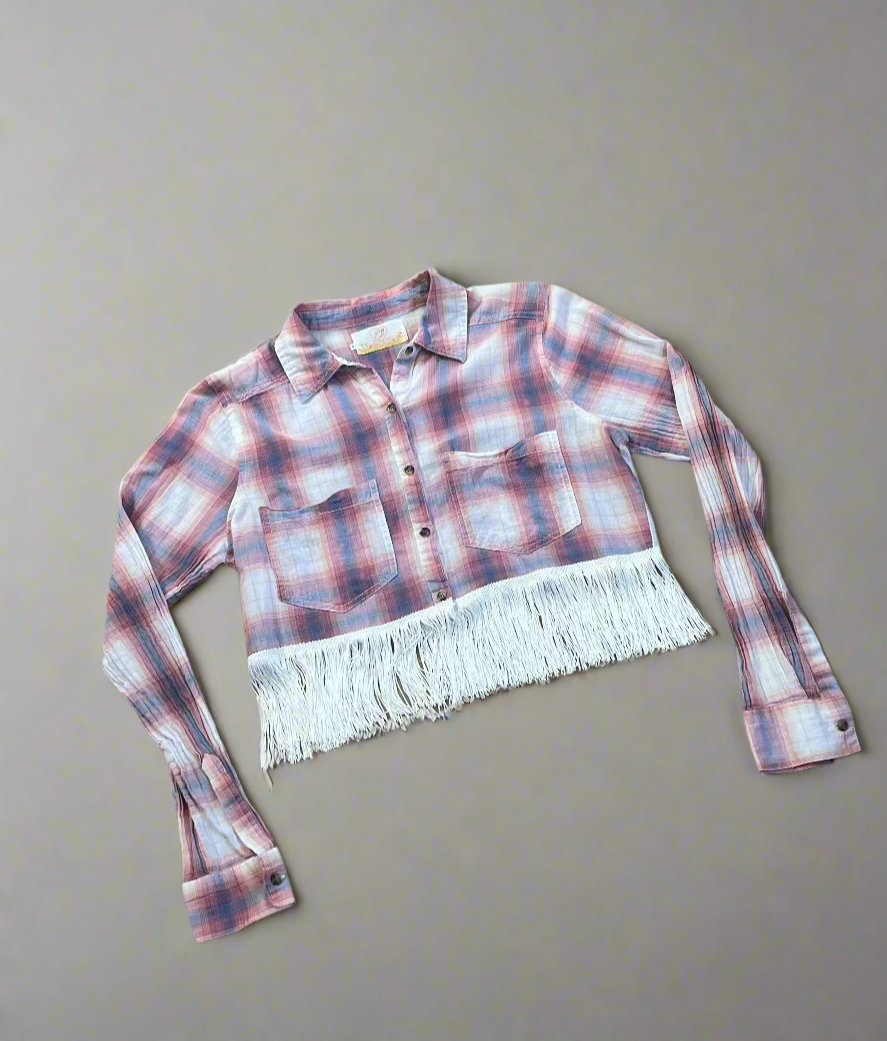 Pink & White Cropped Fringe Flannel