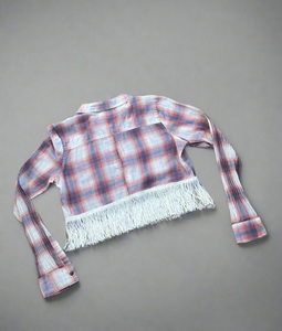 Pink & White Cropped Fringe Flannel